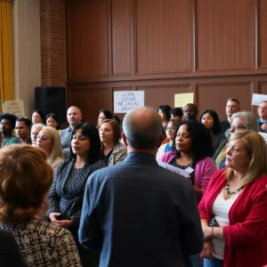 Community members discussing legal rights in a Michigan town hall meeting.