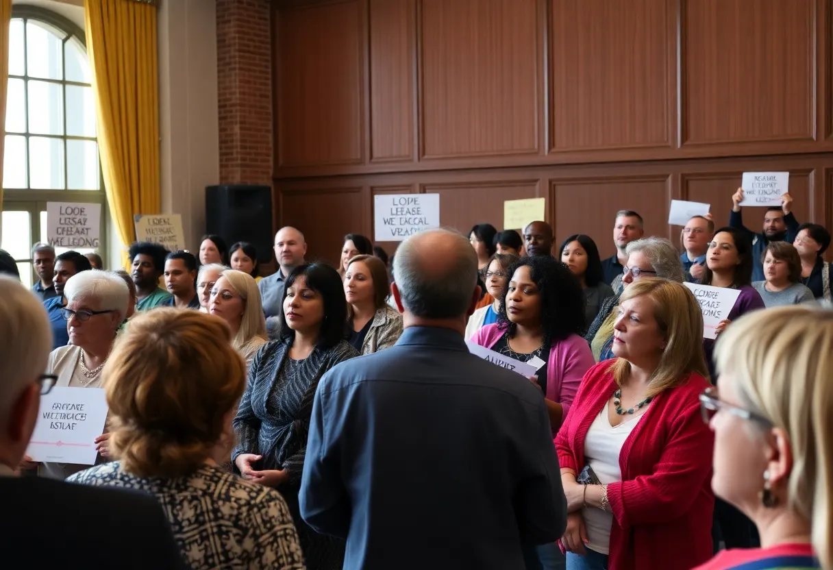 Community members discussing legal rights in a Michigan town hall meeting.
