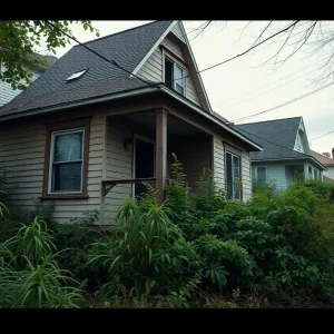 Abandoned house in Detroit with broken windows and overgrown yard