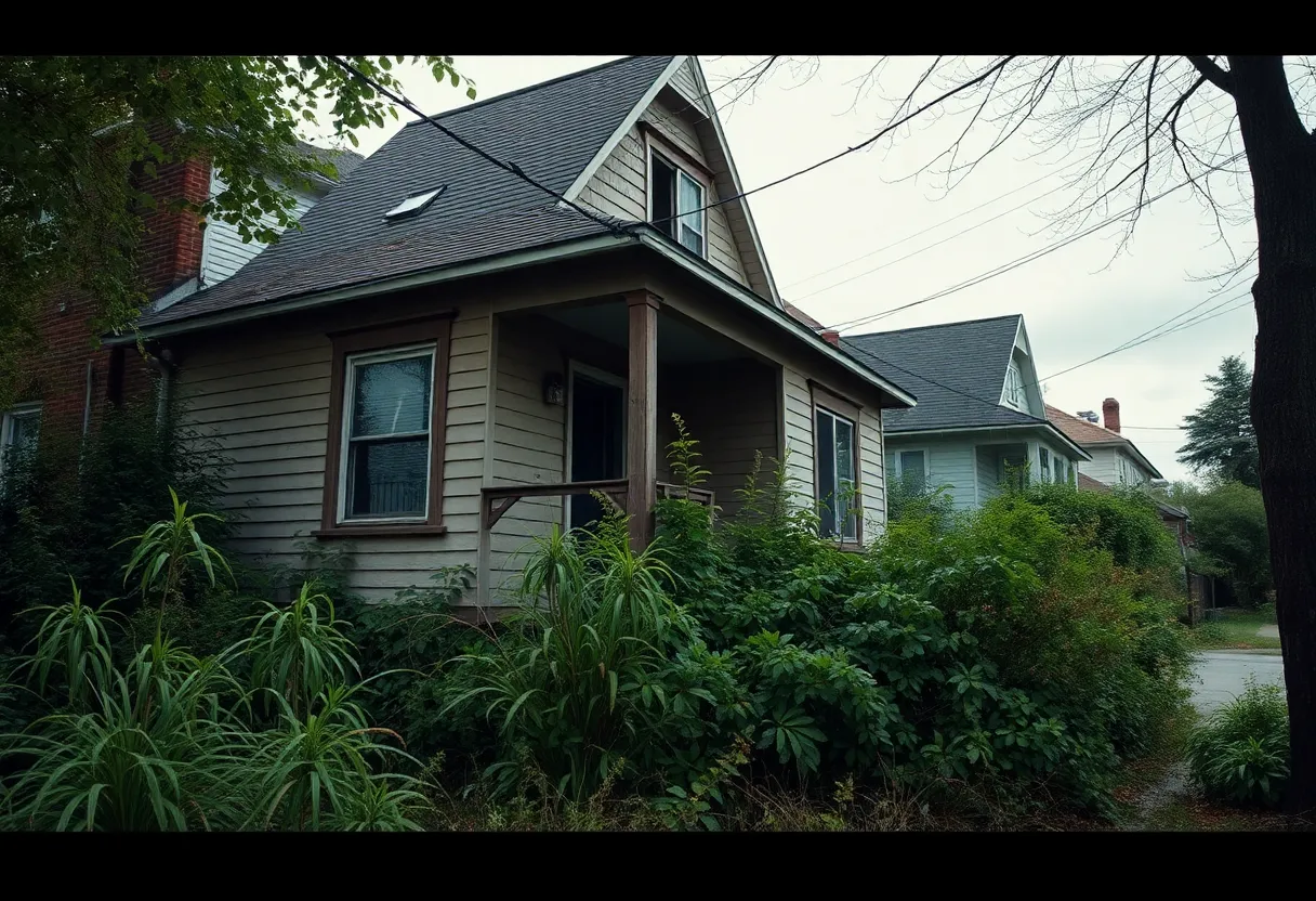 Abandoned house in Detroit with broken windows and overgrown yard