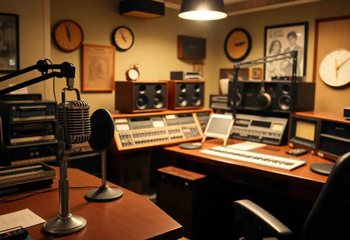 Vintage radio studio with microphones and sound equipment