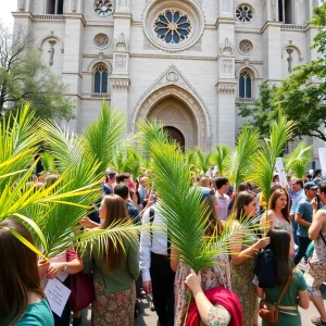 Attendees holding palm leaves during the Palm Sunday celebration at the Cathedral of the Most Blessed Sacrament in Detroit