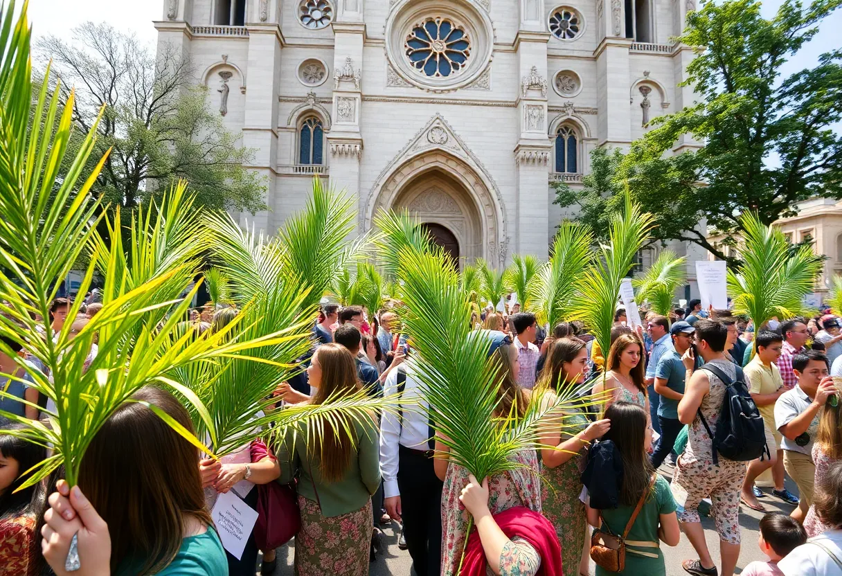 Attendees holding palm leaves during the Palm Sunday celebration at the Cathedral of the Most Blessed Sacrament in Detroit