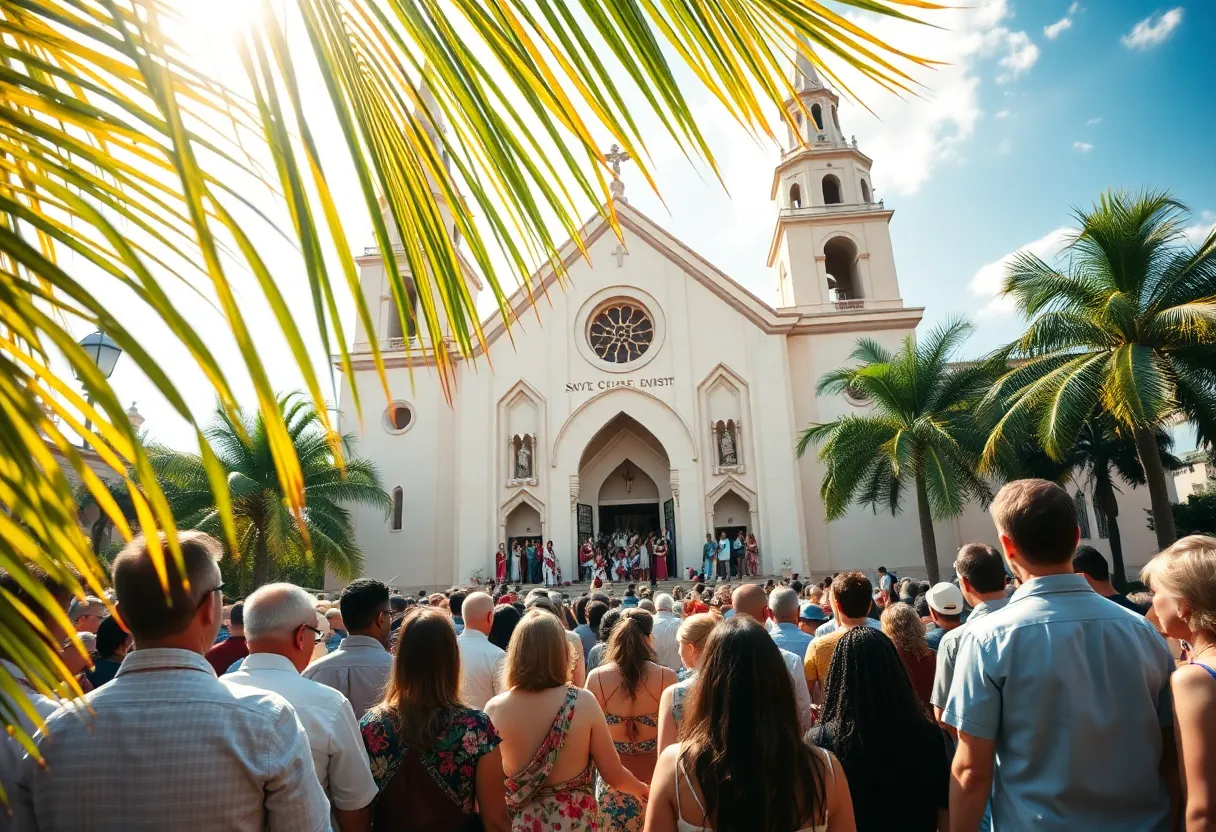 Congregation celebrating Palm Sunday Mass outside the Cathedral