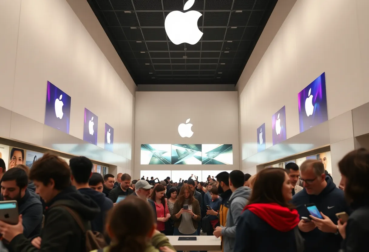 Customers shopping for iPads and iPhones at an Apple store.