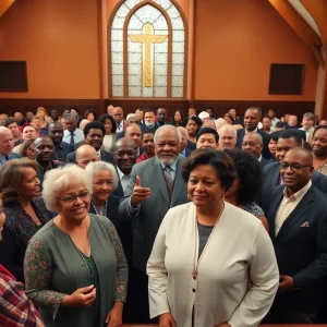 A gathering of diverse pastors at a church rally supporting a political candidate.