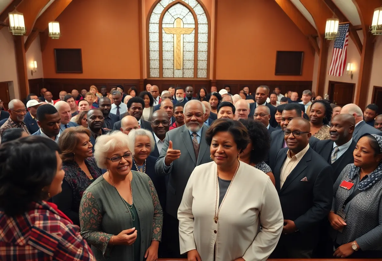 A gathering of diverse pastors at a church rally supporting a political candidate.