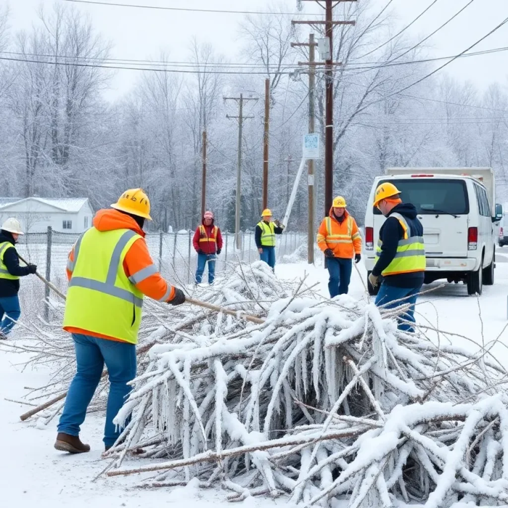 Utility crews working on power lines during winter recovery efforts in Presque Isle