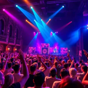 Fans cheering at the Pulp concert in the Masonic Temple, Detroit.