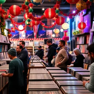 A lively record store with vinyl records during Record Store Day 2025 in Detroit.