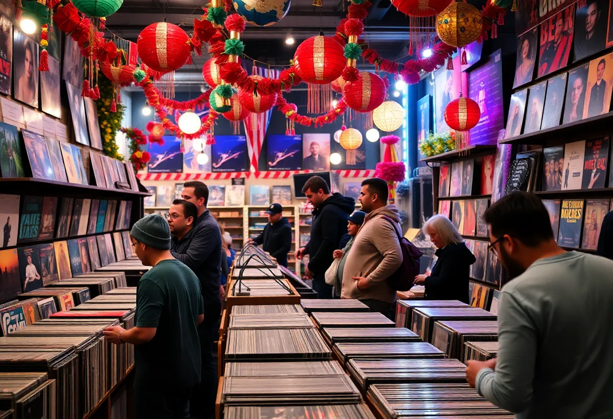 Independent record store celebrating Record Store Day with vinyl records and customers