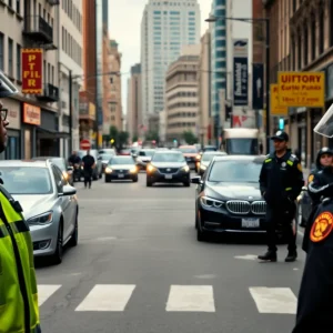 Urban scene with police presence, symbolic of rapper's arrest