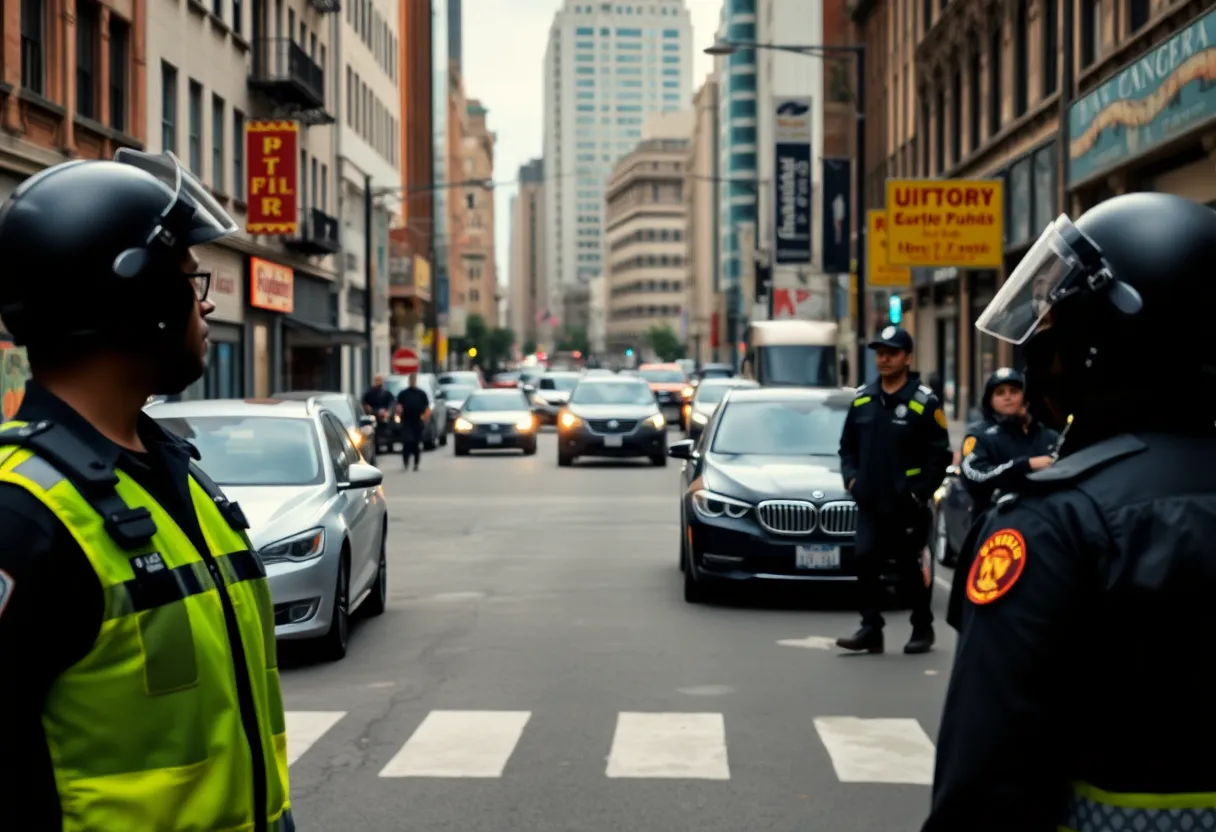Urban scene with police presence, symbolic of rapper's arrest