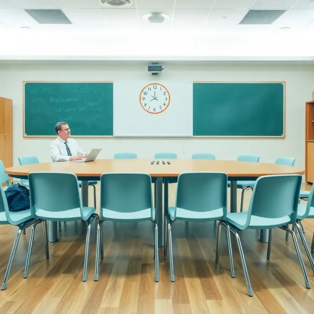 School boardroom prepared for superintendent interviews