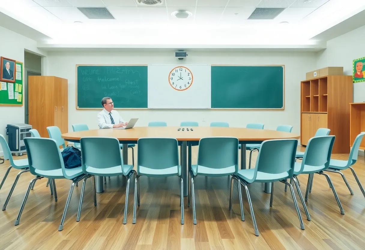 School boardroom prepared for superintendent interviews