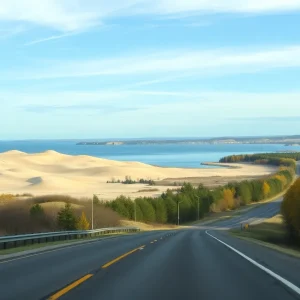 View of a beautiful Michigan highway with lakes and dunes