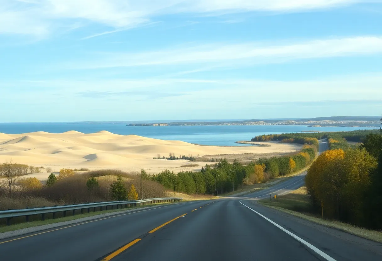 View of a beautiful Michigan highway with lakes and dunes