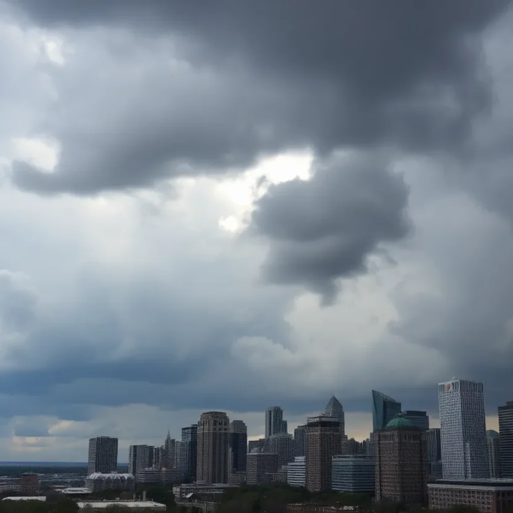 Dark storm clouds over Detroit skyline