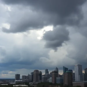 Dark storm clouds over Detroit skyline