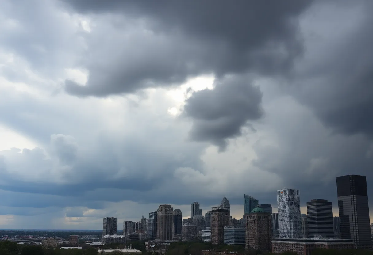 Dark storm clouds over Detroit skyline
