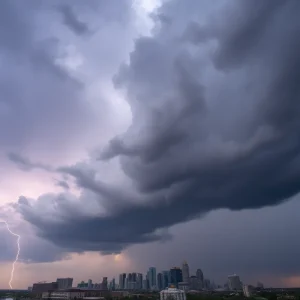 Dark storm clouds over Metro Detroit skyline
