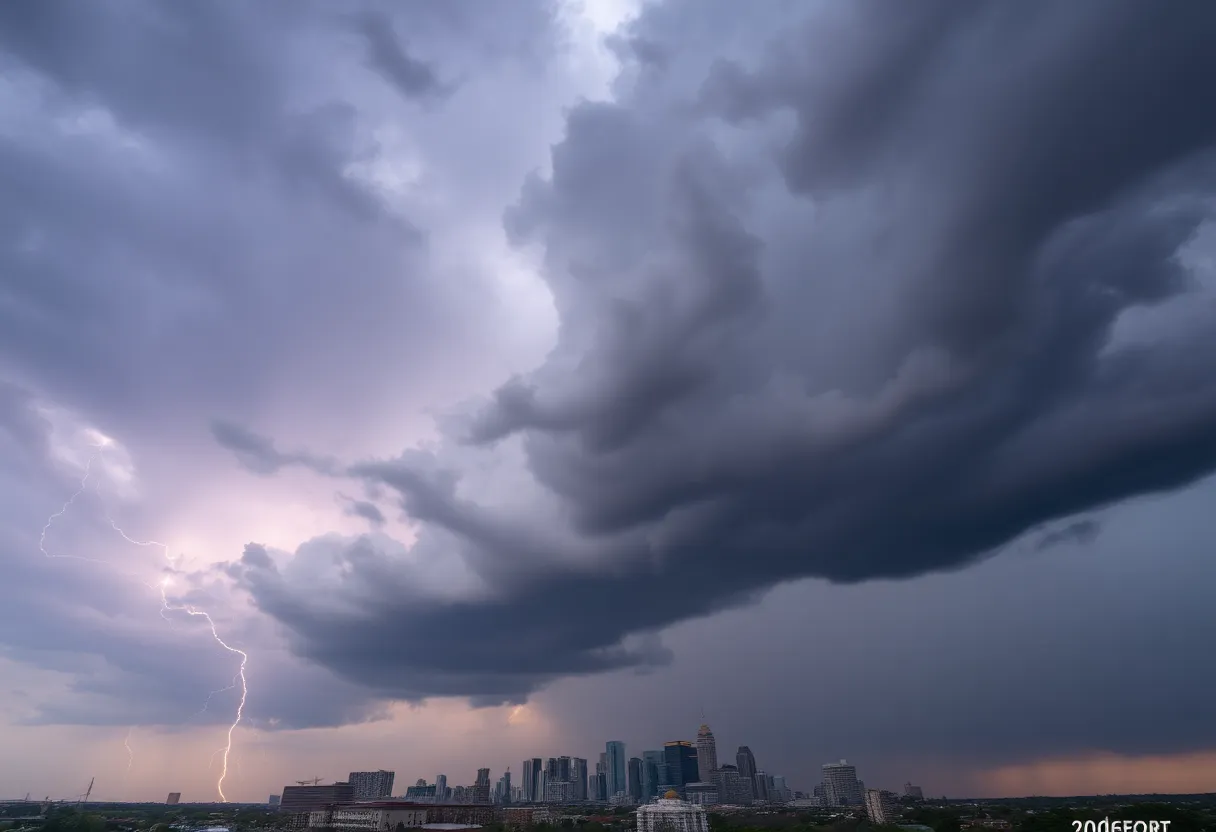 Dark storm clouds over Metro Detroit skyline