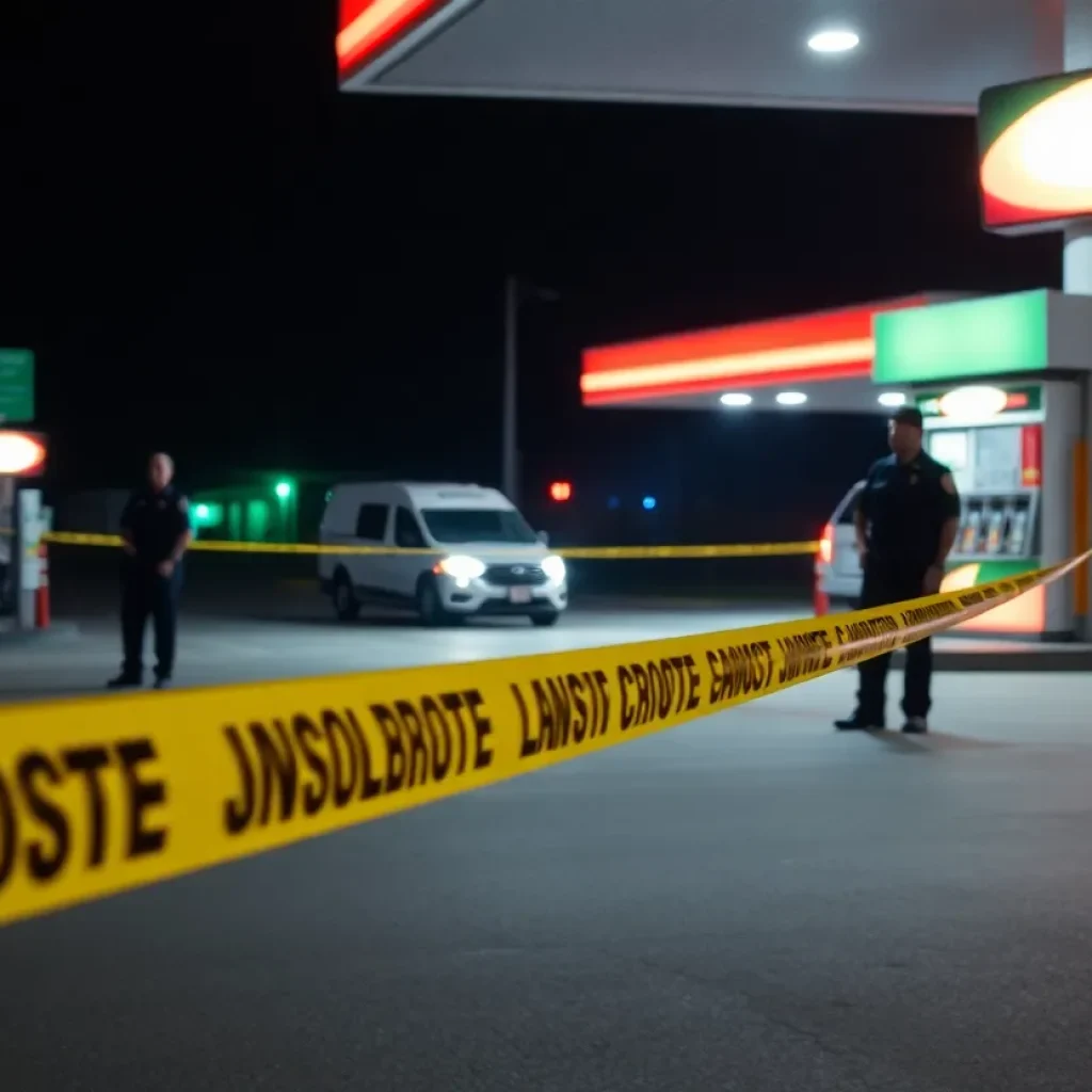 Police presence at a gas station crime scene following a stabbing incident