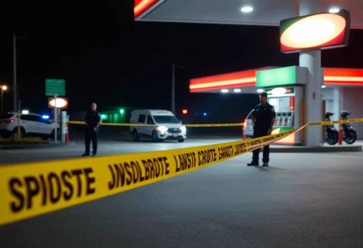 Police presence at a gas station crime scene following a stabbing incident