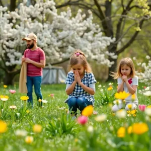 Families enjoying springtime in Metro Detroit amidst blooming flowers and allergy concerns