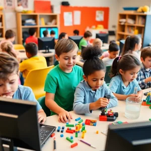 Children participating in hands-on STEM activities in a classroom.