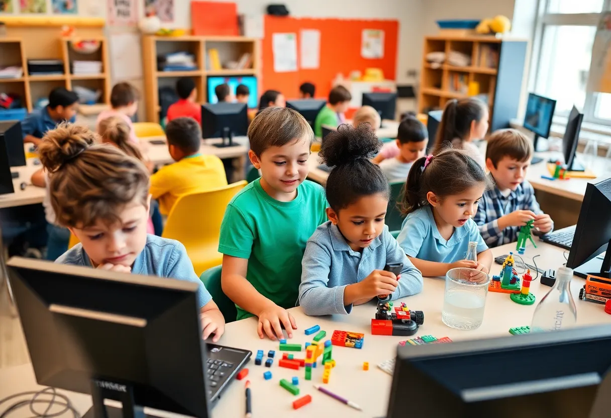 Children participating in hands-on STEM activities in a classroom.
