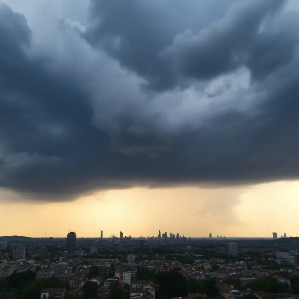 Dark storm clouds hovering over Metro Detroit skyline