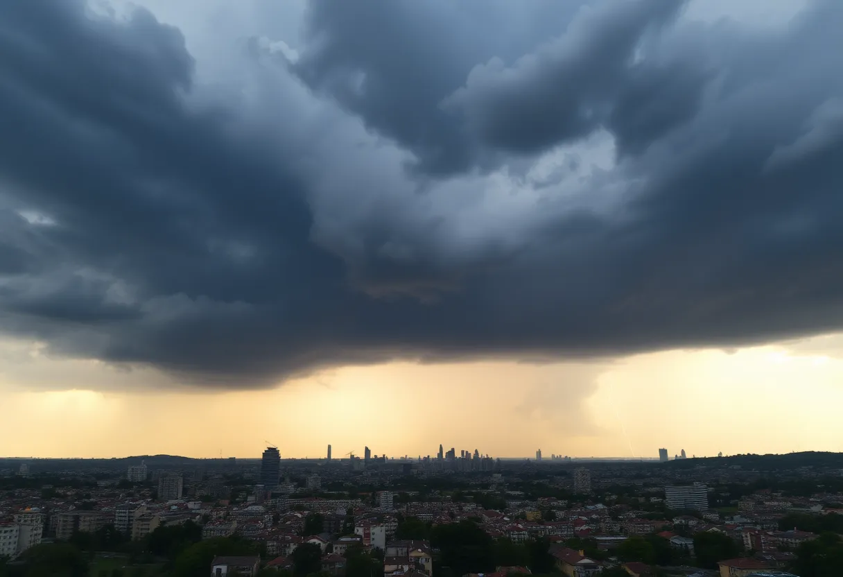 Dark storm clouds hovering over Metro Detroit skyline