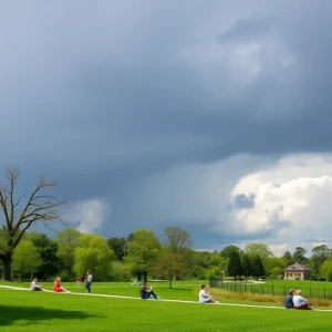 A beautiful sunny park in Metro Detroit with people enjoying the outdoors