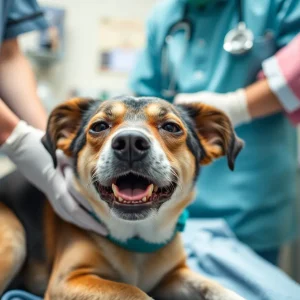 A dog recovering at a veterinary office after being rescued from abuse.