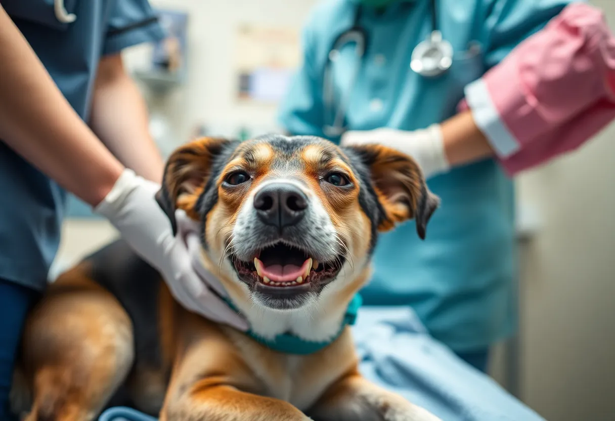 A dog recovering at a veterinary office after being rescued from abuse.