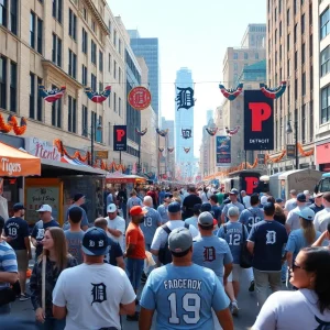 Crowd celebrating Tigers Opening Day in downtown Detroit.