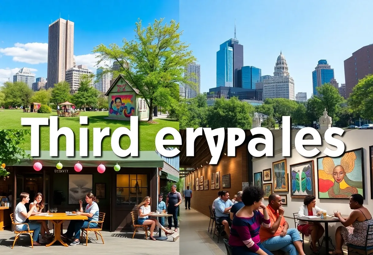 Collage of various 'third places' in Detroit featuring parks, cafes, and community events.