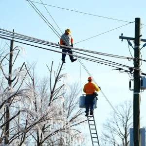 Utility workers repairing power lines in Presque Isle County after an ice storm
