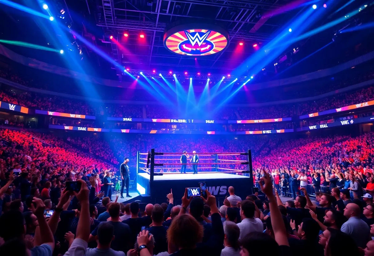 Live WWE Monday Night Raw event in Detroit with fans cheering