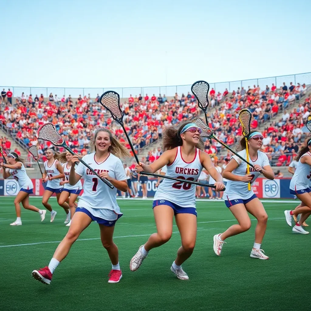 Women’s lacrosse players in action during a game at Youngstown.
