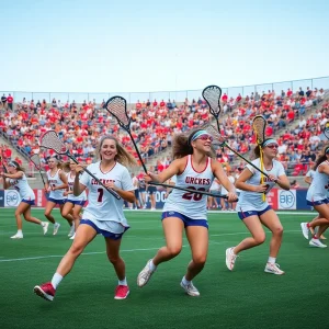 Women’s lacrosse players in action during a game at Youngstown.