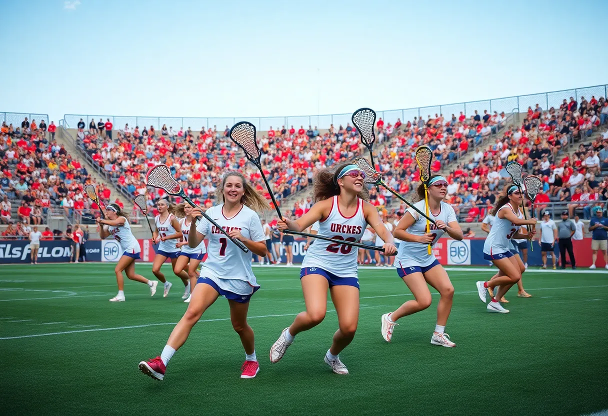 Women’s lacrosse players in action during a game at Youngstown.