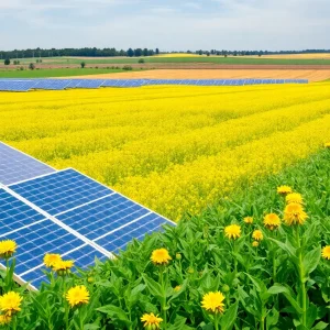 Aerial view of solar panels installed over farmland