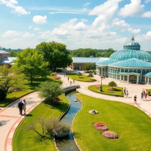 Visitors walking through Belle Isle Park near the aquarium and conservatory.