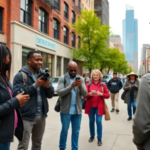 Residents and journalists engaging in a Detroit street, celebrating community journalism.
