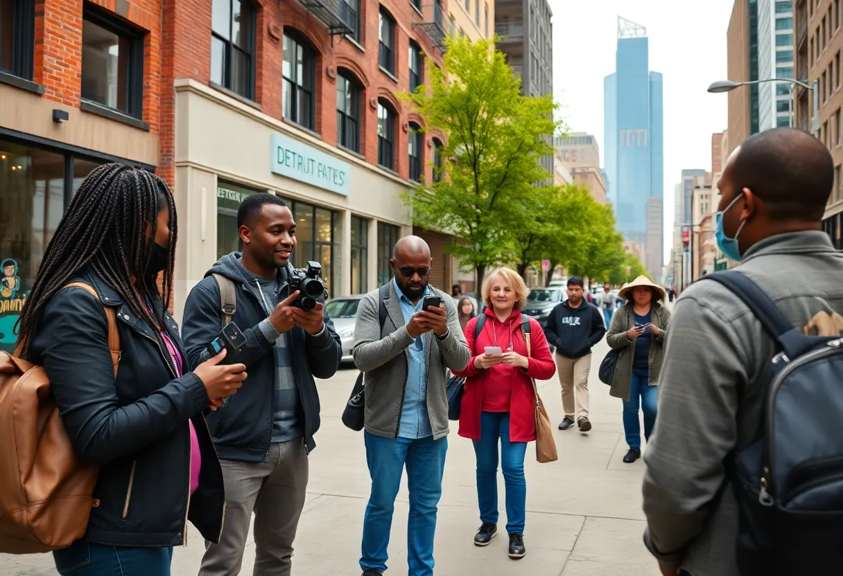 Residents and journalists engaging in a Detroit street, celebrating community journalism.