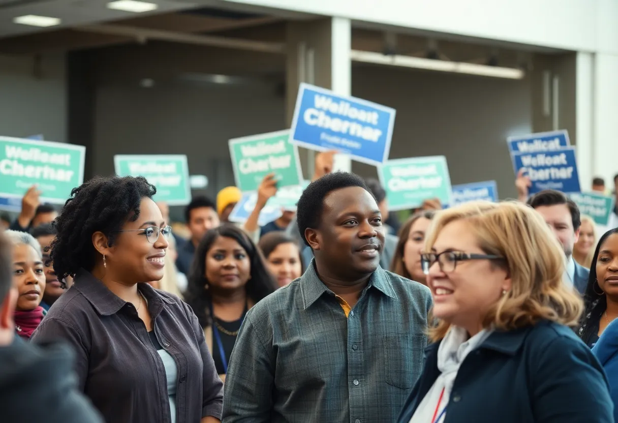 Community members at a rally supporting political change in Michigan 13th District.