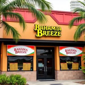 Exterior view of a closed Bahama Breeze restaurant in Troy, Michigan