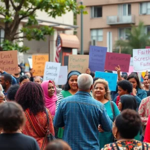 Diverse community members gathering in an urban setting, symbolizing faith and social advocacy.